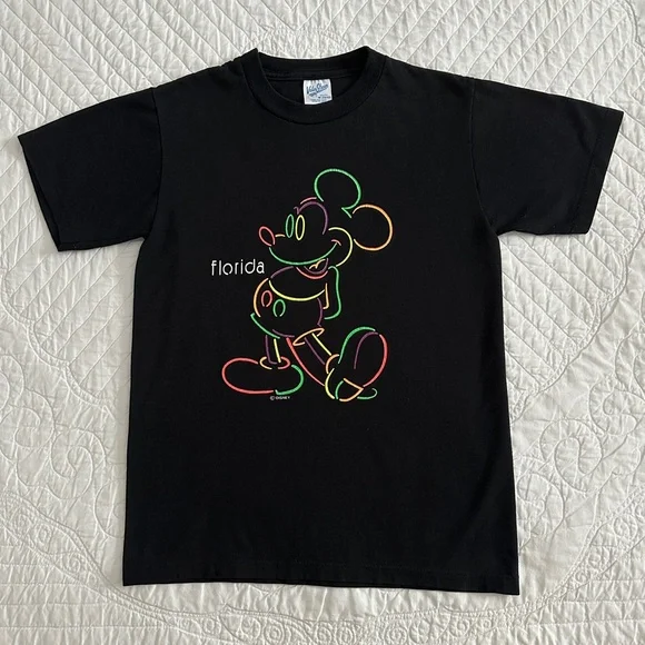 Vintage 90s Velva Sheen Classic Mickey Mouse Disney Florida Neon Graphic T-Shirt - Picture 8 of 8